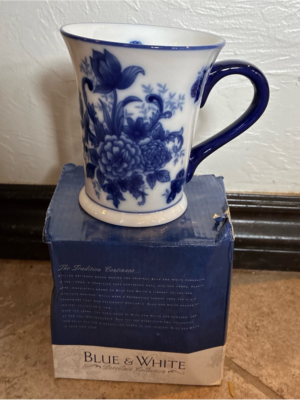 Cracker Barrel Blue and White Porcelain Mug in box